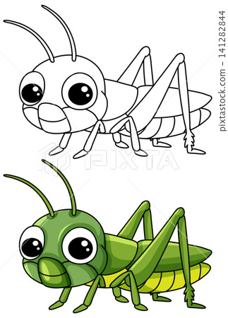 Cute Cartoon Grasshopper Vector Illustration in Color and Line Art Cute Cartoon Grasshopper Vector Illustration in Color and Line Art 141282844