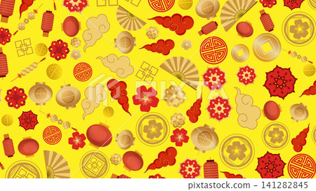 Red and Gold Lunar New Year Pattern on Yellow Background Red and Gold Lunar New Year Pattern on Yellow Background 141282845