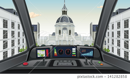 Vector Illustration of a Modern Train Cockpit View Facing European Architecture Vector Illustration of a Modern Train Cockpit View Facing European Architecture 141282858