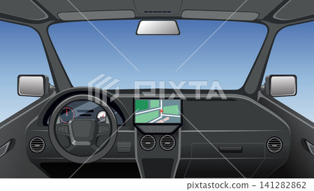 First Person View of Modern Car Interior with GPS Navigation Screen First Person View of Modern Car Interior with GPS Navigation Screen 141282862
