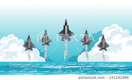 Military Fighter Jet Formation Flying Over Ocean with Clouds Military Fighter Jet Formation Flying Over Ocean with Clouds 141282866