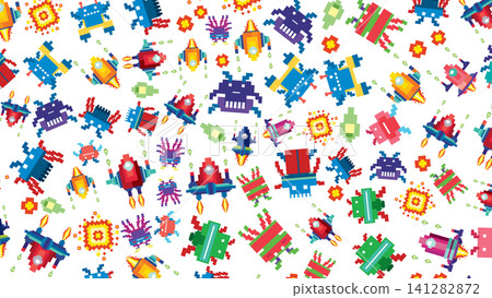 Retro Pixel Art Pattern with Alien Spacecraft and Arcade Sprites 141282872