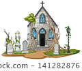 Abandoned Gothic Chapel with Overgrown Cemetery and Statues 141282876