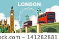Vector Travel Poster of London Landmarks with Big Ben and Red Buses 141282881