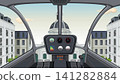 Helicopter Cockpit View Flying Over European City Buildings Vector Illustration 141282884
