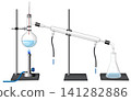 Laboratory Distillation Setup with Bunsen Burner and Glassware Illustration 141282886