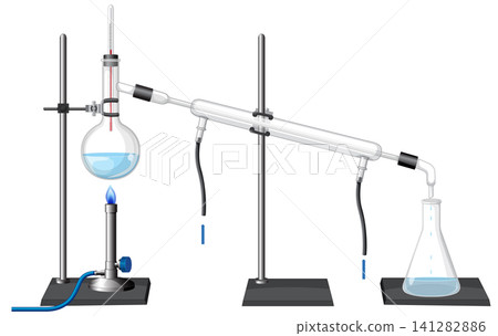 Laboratory Distillation Setup with Bunsen Burner and Glassware Illustration Laboratory Distillation Setup with Bunsen Burner and Glassware Illustration 141282886