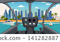 First Person View of Helicopter Cockpit Flying Over Tropical Coastal City 141282887
