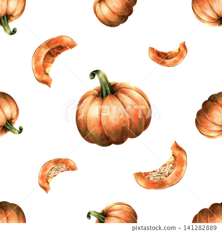 Watercolor ripe pumpkins seamless pattern. Cut pumpkin slices autumn harvest vegetable isolated on white background. Repeating hand painted illustration for fall design, Thanksgiving, textile design. Watercolor ripe pumpkins seamless pattern. Cut pumpkin slices autumn harvest vegetable isolated on white background. Repeating hand painted illustration for fall design, Thanksgiving, textile design. 141282889