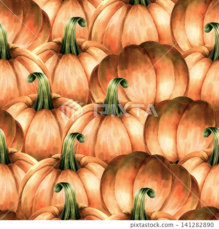Watercolor seamless pattern ripe pumpkins, autumn leaves. Repeating background Orange fruits. Hand painted illustration for fall harvest design, Thanksgiving decor, textile printing, wrapping paper Watercolor seamless pattern ripe pumpkins, autumn leaves. Repeating background Orange fruits. Hand painted illustration for fall harvest design, Thanksgiving decor, textile printing, wrapping paper 141282890