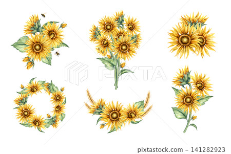 Hand painted watercolor clip art set of sunflower compositions. Beautiful floral wreath, autumn bouquets, versatile arrangements with vibrant yellow flowers, lush green leaves. Isolated background. Hand painted watercolor clip art set of sunflower compositions. Beautiful floral wreath, autumn bouquets, versatile arrangements with vibrant yellow flowers, lush green leaves. Isolated background. 141282923