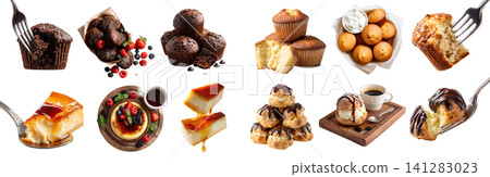 Set of 4 bread cake sweet pastry, fork spoon plated serve, Profiterole Cream Puff with ganache, Caramel flan pudding custard, Basic chocolate cocoa muffin, transparent cutout PNG mockup Set of 4 bread cake sweet pastry, fork spoon plated serve, Profiterole Cream Puff with ganache, Caramel flan pudding custard, Basic chocolate cocoa muffin, transparent cutout PNG mockup 141283023