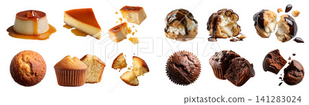 4 bread cake sweet pastry set. Profiterole Cream Puff with ganache Caramel flan pudding custard, Basic and chocolate cocoa muffin, whole bitten broken, transparent cutout PNG mockup for design 4 bread cake sweet pastry set. Profiterole Cream Puff with ganache Caramel flan pudding custard, Basic and chocolate cocoa muffin, whole bitten broken, transparent cutout PNG mockup for design 141283024