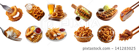 4 golden fried battered food set, onion rings calamari, pork lards crackling scratching rind, fish fingers sticks, pork chicken cutlet tonkatsu katsu, fork chopstick served, transparent cutout PNG 4 golden fried battered food set, onion rings calamari, pork lards crackling scratching rind, fish fingers sticks, pork chicken cutlet tonkatsu katsu, fork chopstick served, transparent cutout PNG 141283025