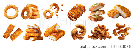 Set of 4 golden fried food, chicken meat cutlet tonkatsu katsu, pork lards crackling scratching rind, onion rings calamari squid, fish fingers sticks, broken pile, transparent cutout PNG Set of 4 golden fried food, chicken meat cutlet tonkatsu katsu, pork lards crackling scratching rind, onion rings calamari squid, fish fingers sticks, broken pile, transparent cutout PNG 141283026