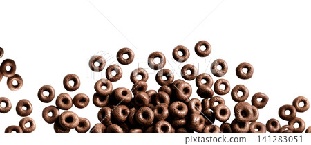 Whole grain oats loops rings chocolate cocoa cereal breakfast snack, scattered flat lay composition view on transparent cutout PNG. Mockup template for artwork. Wallpaper banner border Whole grain oats loops rings chocolate cocoa cereal breakfast snack, scattered flat lay composition view on transparent cutout PNG. Mockup template for artwork. Wallpaper banner border 141283051