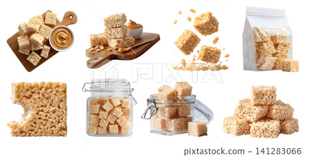 Set of rice crispy treats snack cubes, serving wooden board with peanut butter, airtight container, stand-up resealable pouch, cereal grains, broken bitten stack pile, transparent cutout PNG mockup Set of rice crispy treats snack cubes, serving wooden board with peanut butter, airtight container, stand-up resealable pouch, cereal grains, broken bitten stack pile, transparent cutout PNG mockup 141283066