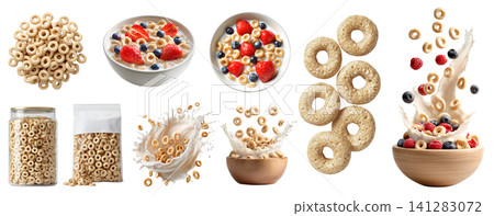 Set of oats breakfast cereal 100% whole grain loops rings, with berries fruits, airtight container, yogurt milk splash, standup plastic pouch bag, fly pile cluster, transparent cutout PNG mockup Set of oats breakfast cereal 100% whole grain loops rings, with berries fruits, airtight container, yogurt milk splash, standup plastic pouch bag, fly pile cluster, transparent cutout PNG mockup 141283072