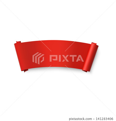 Red ribbon scroll element with curved rolled ends Red ribbon scroll element with curved rolled ends 141283406