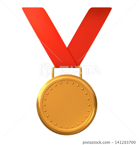 Golden medal hanging on red ribbon, vector 3D realistic medallion, winner award badge, best competition victory trophy Golden medal hanging on red ribbon, vector 3D realistic medallion, winner award badge, best competition victory trophy 141283700