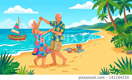 Joyful elderly couple dancing together on a sunny tropical beach during a relaxing summer vacation 141284250