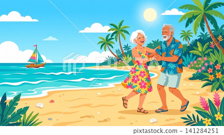 Happy senior couple dancing joyfully on a tropical beach under the bright sun during their summer vacation 141284251