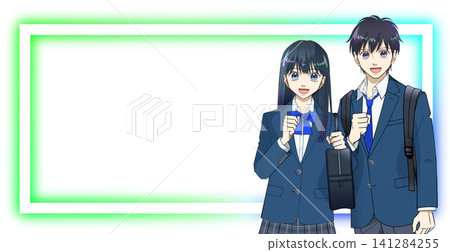 Anime-style illustration of smiling high school or junior high school students with backpacks and school bags, white background Anime-style illustration of smiling high school or junior high school students with backpacks and school bags, white background 141284255
