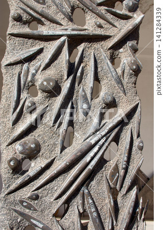 Ancient marine fossils embedded in the rock of the Merzouga Desert in southern Morocco 141284339