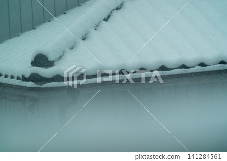 冬日里的房屋外觀，屋頂覆蓋著積雪，還有裝飾用的瓦片。 141284561