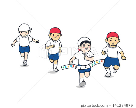 一幅可愛、簡約的插圖,描繪了四個男孩在學校運動會上賽跑(終點線彩帶)。 一幅可愛、簡約的插圖,描繪了四個男孩在學校運動會上賽跑(終點線彩帶)。 141284979