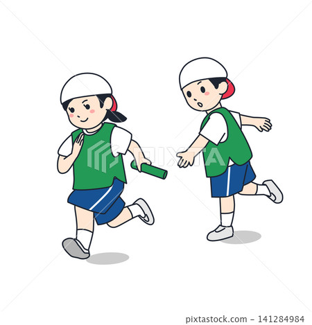 一幅極簡而可愛的插圖,描繪了學校運動會上男孩將接力棒傳遞給女孩的場景。 一幅極簡而可愛的插圖,描繪了學校運動會上男孩將接力棒傳遞給女孩的場景。 141284984