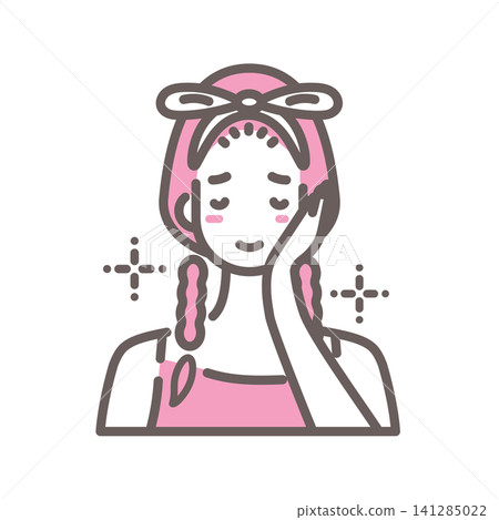 一位女士洗完臉後神情放鬆;護膚插圖。 一位女士洗完臉後神情放鬆;護膚插圖。 141285022