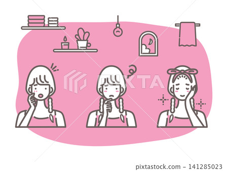 Before and after illustration of skin trouble care in a pink two-tone color scheme. Before and after illustration of skin trouble care in a pink two-tone color scheme. 141285023