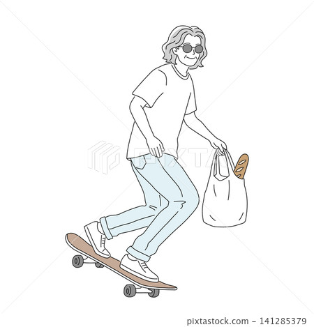 一位活力四射的老先生踩著滑板享受購物的插圖。 一位活力四射的老先生踩著滑板享受購物的插圖。 141285379