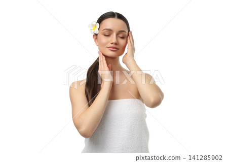 Woman receiving a soothing facial treatment in a spa, isolated, PNG Woman receiving a soothing facial treatment in a spa, isolated, PNG 141285902