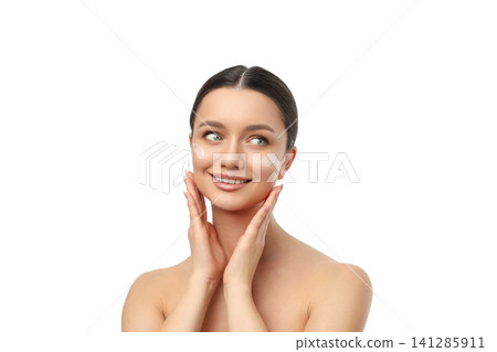 Smiling woman enjoys skincare treatment at spa, isolated, PNG Smiling woman enjoys skincare treatment at spa, isolated, PNG 141285911