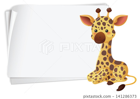 Cute Cartoon Giraffe Sitting Beside Blank White Paper Banner 141286373