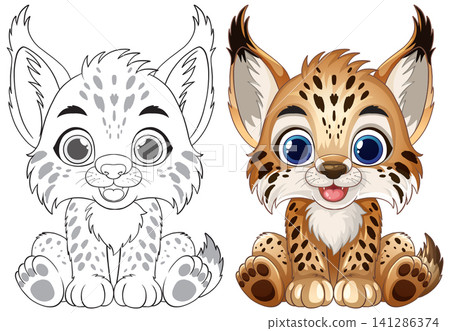 Vector Illustration of a Sitting Baby Lynx with Coloring Page Version 141286374