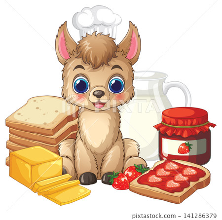 Cute Cartoon Llama Chef with Breakfast Bread Jam and Milk Cute Cartoon Llama Chef with Breakfast Bread Jam and Milk 141286379