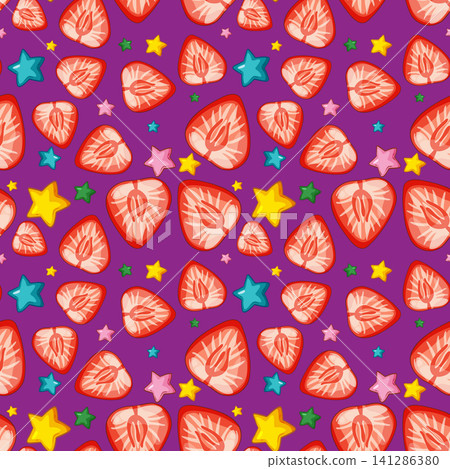 Seamless Vector Pattern of Sliced Strawberries and Colorful Stars Seamless Vector Pattern of Sliced Strawberries and Colorful Stars 141286380