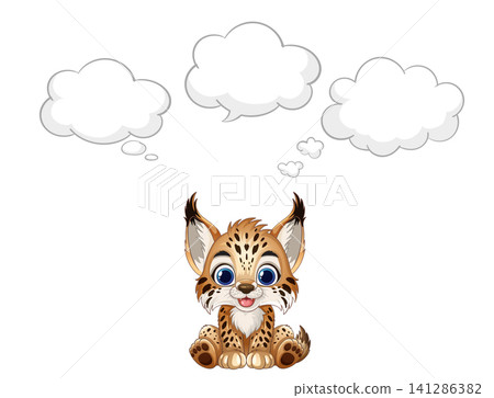 Cute Cartoon Lynx Sitting with Empty Thought Bubbles Vector Illustration 141286382