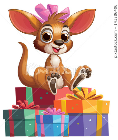 Cute Cartoon Baby Kangaroo Sitting on a Pile of Colorful Gift Boxes 141286406