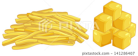 Vector Illustration of French Fries Pile and Cheddar Cheese Cubes Vector Illustration of French Fries Pile and Cheddar Cheese Cubes 141286407