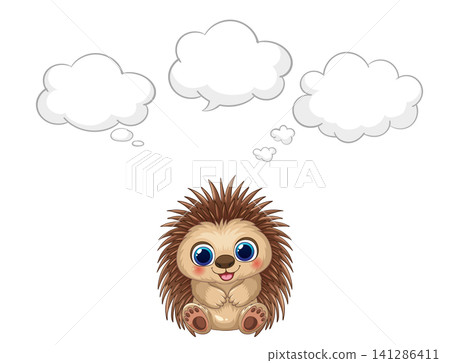 Cute Cartoon Hedgehog Sitting with Empty Thought Bubbles Vector Illustration Cute Cartoon Hedgehog Sitting with Empty Thought Bubbles Vector Illustration 141286411