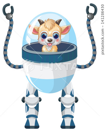 Cute Cartoon Goat Character Piloting a Futuristic Bipedal Robot Suit 141286430