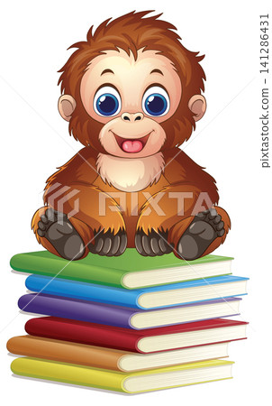 Cute Cartoon Orangutan Sitting on a Stack of Colorful Books 141286431