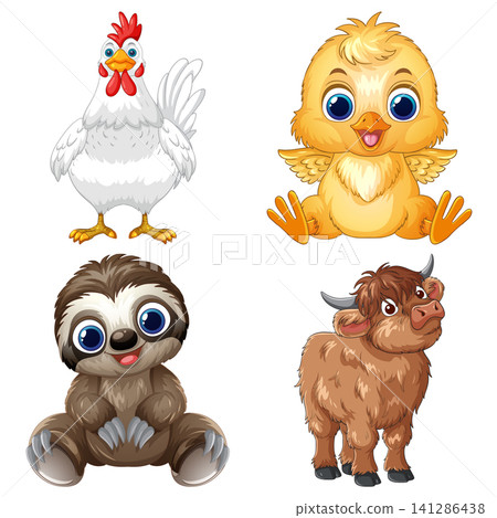 Cute Cartoon Baby Animals Set with Chicken Chick Sloth and Bull 141286438