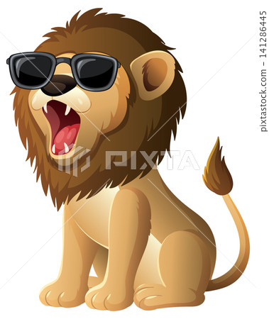 Cartoon Lion Wearing Sunglasses Roaring on White Background Cartoon Lion Wearing Sunglasses Roaring on White Background 141286445