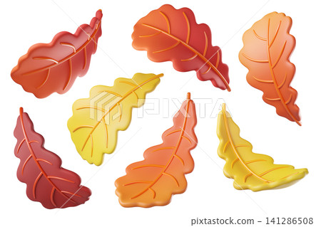 Set of 3D fall autumn oak leaves in orange, red and yellow colors isolated on background. Foliage elements for seasonal design, autumn decoration, harvest graphics, Halloween, Thanksgiving banners. 3d Set of 3D fall autumn oak leaves in orange, red and yellow colors isolated on background. Foliage elements for seasonal design, autumn decoration, harvest graphics, Halloween, Thanksgiving banners. 3d 141286508