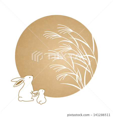 A Japanese-style background design for moon viewing: Autumn illustration featuring the full moon of the fifteenth night of the lunar month, a rabbit, and pampas grass. 141286511